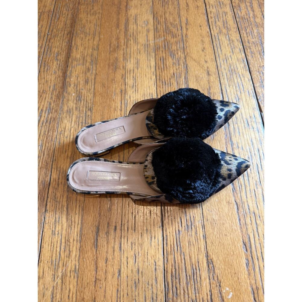 Aquazzura Mules Pointed Toe Slip-On Flat Gold Size 7.5 Women Powder Puff Pom Pom - Picture 5 of 12